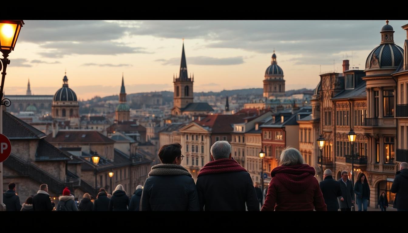 A stunning cityscape of romantic European cities, captured with a warm, cinematic lens. In the foreground, couples stroll hand-in-hand along cobblestone streets, their cozy sweaters and scarves reflecting the golden glow of street lamps. In the middle ground, historic buildings with ornate architecture and weathered stone facades rise up, their windows aglow with the soft light of candles. In the background, a picturesque skyline of church spires, domed roofs, and the silhouettes of ancient monuments cast shadows across the scene, creating a sense of timeless beauty. The overall atmosphere is one of old-world charm, intimate moments, and the enduring allure of these hidden romantic cities in Europe.