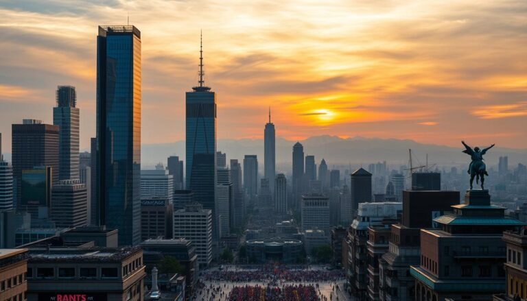 A stunning cityscape with towering skyscrapers reaching towards the heavens, their glass facades glittering in the warm, golden light of the setting sun. In the foreground, bustling city streets teeming with life, people dressed in a vibrant array of colors going about their daily routines. The middle ground is dominated by iconic landmarks and monuments, their architectural grandeur commanding attention. In the distance, the horizon is dotted with magnificent peaks, their snow-capped summits silhouetted against a breathtaking, fiery sky. The scene exudes a sense of energy, progress, and a celebration of human ingenuity and design.