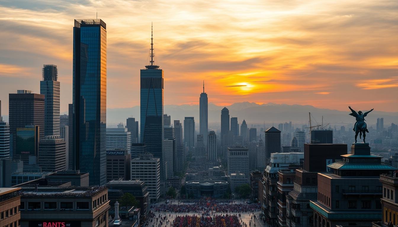 A stunning cityscape with towering skyscrapers reaching towards the heavens, their glass facades glittering in the warm, golden light of the setting sun. In the foreground, bustling city streets teeming with life, people dressed in a vibrant array of colors going about their daily routines. The middle ground is dominated by iconic landmarks and monuments, their architectural grandeur commanding attention. In the distance, the horizon is dotted with magnificent peaks, their snow-capped summits silhouetted against a breathtaking, fiery sky. The scene exudes a sense of energy, progress, and a celebration of human ingenuity and design.
