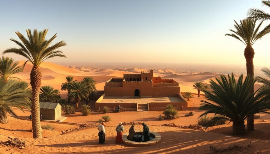 A stunning oasis nestled in the heart of the Moroccan Sahara, framed by towering dunes and majestic palm trees. In the foreground, a group of local nomads in traditional garb gather around a well, drawing water and conversing. The middle ground features a centuries-old kasbah, its intricate adobe architecture casting long shadows across the sun-drenched landscape. Beyond, the endless expanse of the desert stretches out, the horizon hazy with the shimmering heat. Warm, golden light bathes the scene, creating a timeless, serene atmosphere. Shot with a wide-angle lens to capture the vastness of the environment, this image invites the viewer to step into the hidden world of the Moroccan Sahara's oases and ancient settlements.