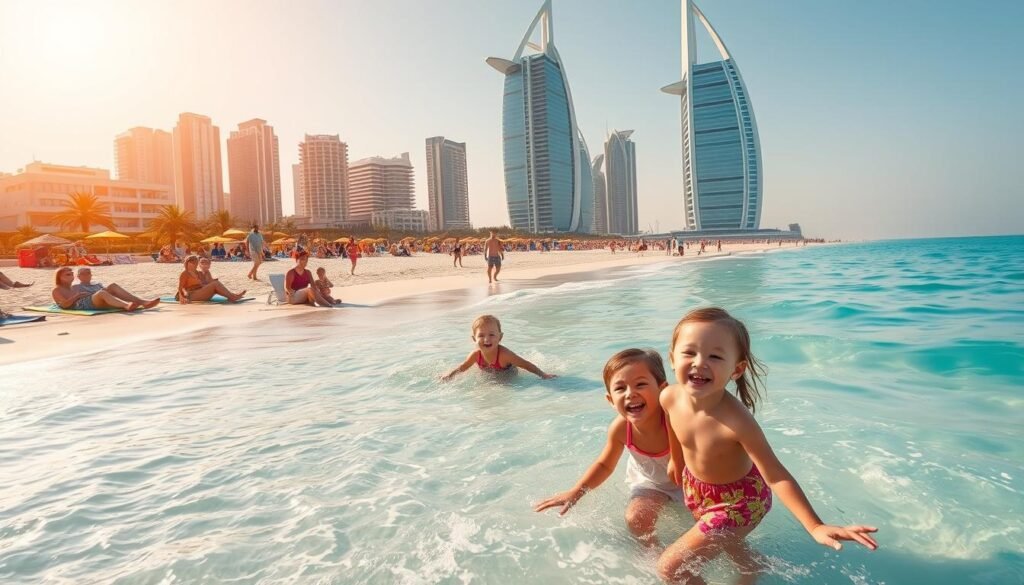 A stunning sandy beach in Dubai's iconic Jumeirah district, with the city's towering skyscrapers and the iconic Burj Al Arab hotel in the background. The warm, golden sun casts a soft glow over the crystal-clear waters of the Arabian Gulf, inviting families to enjoy a day of swimming, sunbathing, and sandcastle building. In the foreground, children play in the gentle waves, their laughter echoing through the air, while their parents relax on vibrant beach towels, sipping refreshing drinks. The scene exudes a sense of relaxation and joy, perfectly capturing the essence of a family-friendly day at Jumeirah Beach.