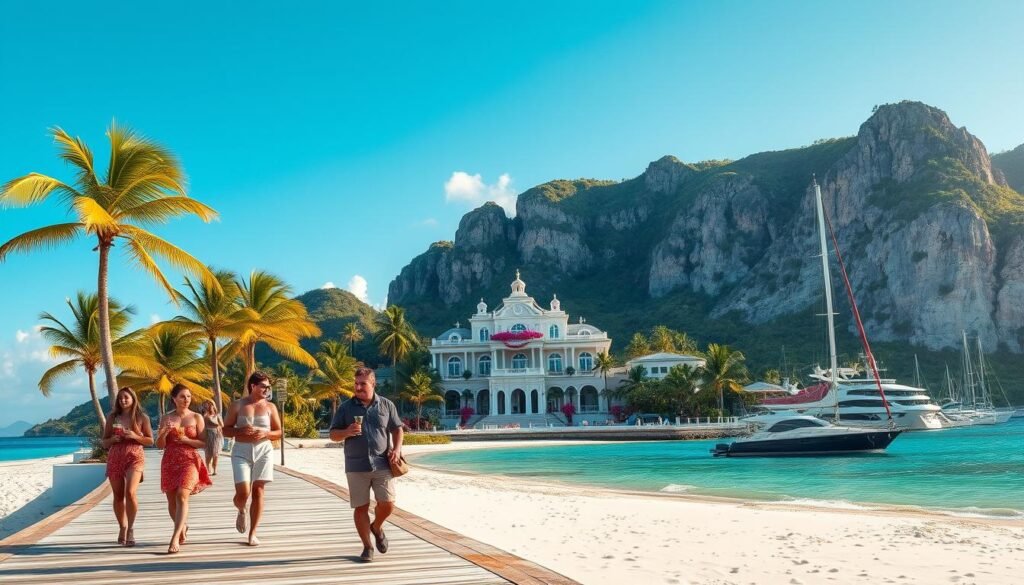 A stunning tropical paradise, a luxurious Caribbean island with white sandy beaches, crystal-clear turquoise waters, and lush palm trees swaying in the gentle breeze. In the foreground, a group of well-dressed vacationers stroll along the boardwalk, sipping exotic cocktails and admiring the breathtaking scenery. In the middle ground, a grand luxury resort with elegant colonial-style architecture stands proudly, its balconies and terraces adorned with vibrant bougainvillea. The background features dramatic cliffs, lush green hills, and a picturesque harbor dotted with sailing yachts. The lighting is warm and golden, creating a serene and inviting atmosphere. This image captures the essence of the Caribbean's most exclusive and alluring luxury destinations.