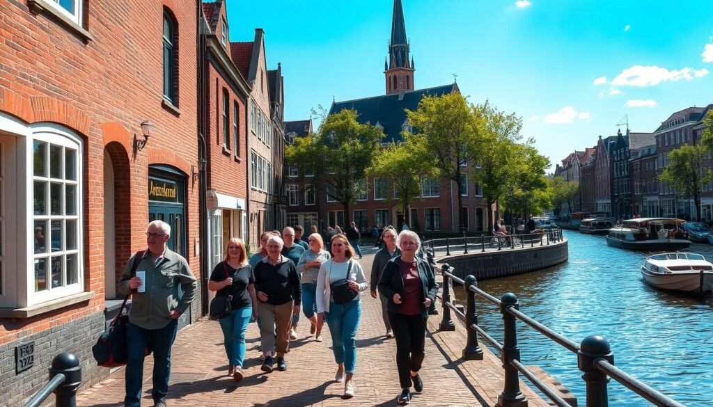 A sun-dappled street in the heart of Amsterdam, lined with charming brick buildings and cobblestone sidewalks. In the foreground, a group of visitors embarks on a guided walking tour, their eager expressions and comfortable walking shoes suggesting an immersive exploration of the city's rich history and vibrant culture. The middle ground features iconic landmarks like the Westerkerk church, its distinctive steeple and warm-toned façade standing out against a clear, azure sky. In the background, a bustling canal, its waters dotted with traditional Dutch boats, creates a serene and picturesque backdrop. The overall scene conveys a sense of discovery, tranquility, and the joy of experiencing Amsterdam on foot.