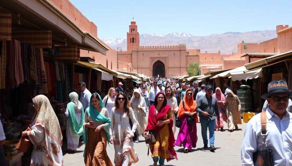 A sun-drenched Moroccan marketplace, bustling with vibrant textiles, spice-laden stalls, and local artisans showcasing their crafts. In the foreground, a group of travelers in traditional Moroccan attire - flowing caftans, intricate embroidery, and vibrant scarves - navigate the throngs of people, capturing the essence of the tourist experience. The middle ground features the iconic architecture of Marrakech, with towering minarets and ornate archways, while the background is dominated by the majestic Atlas Mountains, their snow-capped peaks hinting at the diverse landscapes awaiting the adventurous traveler. The overall mood is one of cultural immersion, where the sights, sounds, and scents of Morocco come together to create an unforgettable journey.