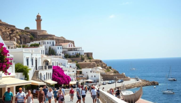 A sun-drenched coastal town nestled between rocky cliffs, with picturesque whitewashed buildings adorned with vibrant bougainvillea flowers. In the foreground, people stroll along a bustling promenade, some in casual summer attire, others relaxing on benches. In the middle ground, a historic lighthouse stands tall, casting a warm glow over the scene. In the background, the deep blue of the ocean stretches out, dotted with sailboats and yachts. The atmosphere is one of leisure and relaxation, capturing the essence of a perfect summer getaway by the sea.