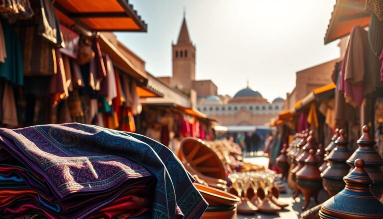 A sun-drenched souk in Marrakech, vibrant textiles and handcrafted leather goods spilling across the stalls. In the foreground, a neatly folded pile of traditional djellaba robes in shimmering jewel-toned hues. A middle ground of intricately patterned Moroccan slippers and ornate tagine cookware. The background features the iconic silhouette of the Koutoubia Mosque, its towering minaret reaching towards a cloudless azure sky. Warm, golden lighting casts a romantic glow, evoking the sights, sounds and flavors of this captivating North African destination. A refined, elegant travel scene that captures the essence of Morocco's rich cultural heritage.