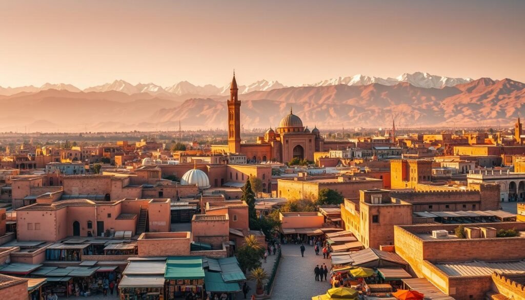 A sweeping aerial view of Morocco's historic imperial cities, bathed in warm, golden light. In the foreground, bustling market stalls spill vibrant textiles, spices, and artisanal wares onto winding cobblestone streets. Towering, ornate palaces and mosques rise majestically in the middle ground, their intricate tilework and carved facades glowing under the sun. In the distance, the rugged Atlas Mountains loom, their snow-capped peaks serving as a dramatic backdrop to these urban landscapes steeped in centuries of history and culture. Regal, dignified, and brimming with life, this image captures the essence of Morocco's imperial cities - a harmonious blend of ancient architecture, vibrant traditions, and diverse natural beauty.