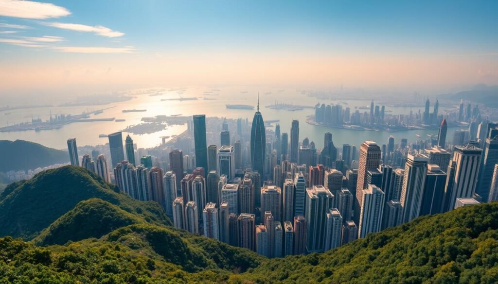A sweeping panorama of Hong Kong's iconic skyline, captured from the lofty vantage point of Victoria Peak. In the foreground, the undulating peaks of the mountainous terrain provide a dramatic backdrop, their slopes dotted with lush greenery. The middle ground is dominated by a dazzling array of high-rise buildings, their sleek glass and steel facades reflecting the warm glow of the setting sun. In the distance, the shimmering waters of the harbor are punctuated by the graceful silhouettes of skyscrapers, their spires piercing the sky like gleaming needles. The scene is suffused with a sense of dynamic energy, a visual representation of Hong Kong's vibrant and ever-evolving urban landscape.