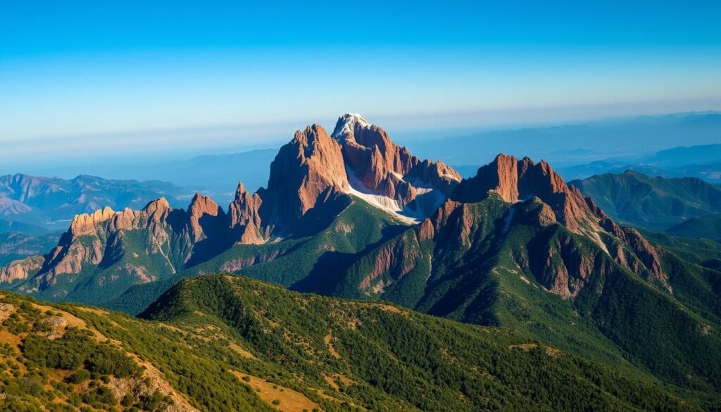 A sweeping vista of the majestic Atlas Mountains, their jagged peaks piercing the azure sky. In the foreground, rugged, snow-capped summits rise majestically, their craggy faces illuminated by warm, golden sunlight. The middle ground features lush, verdant forests cloaking the slopes, while in the distance, layers of blue-tinged mountains recede into the horizon. The scene exudes an aura of timeless, untamed grandeur, evoking the awe-inspiring power of North Africa's natural wonders. A wide-angle lens captures the breathtaking scale of this dramatic landscape, accentuated by dramatic, dramatic lighting that casts deep shadows and highlights the intricate textures of the rock formations. The overall mood is one of rugged, primal beauty, a testament to the enduring magnificence of the Atlas Mountains.