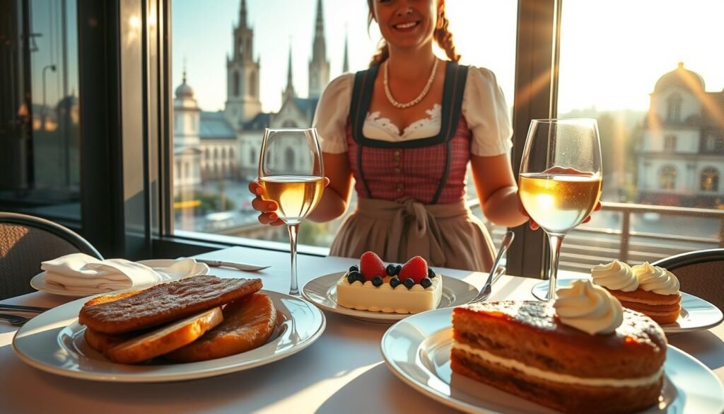 A table set with Viennese delicacies, including tender wiener schnitzel, freshly baked sachertorte, and a glass of crisp Austrian white wine. The scene is bathed in warm, golden light from a large window, casting a cozy, inviting atmosphere. In the background, the iconic spires of St. Stephen's Cathedral can be seen through the glass, a testament to Vienna's rich architectural heritage. The server, dressed in a classic Dirndl, presents the dishes with a friendly, welcoming demeanor. The overall composition evokes the vibrant, refined elegance of Viennese cuisine and culture.