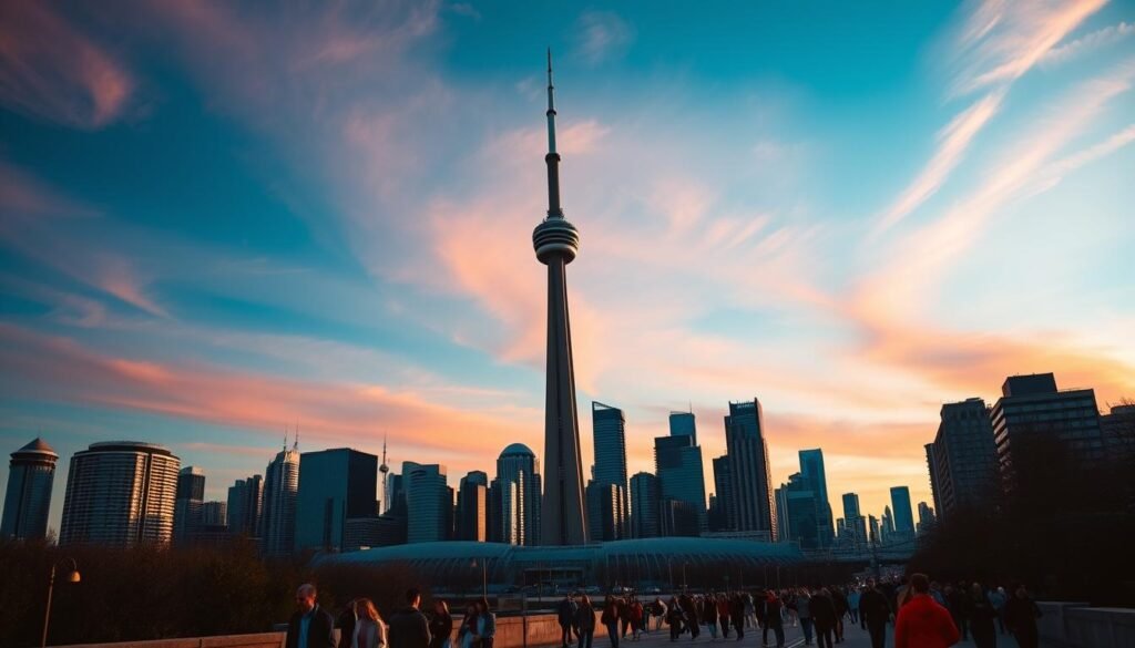 A towering silhouette against a vibrant sky, the iconic CN Tower stands tall, its sleek, futuristic design a striking contrast to the bustling cityscape below. Dramatic lighting casts long shadows, accentuating the tower's elegant curves and the intricate detailing of its architectural features. In the foreground, a bustling urban scene comes to life, with pedestrians hurrying through the streets, their colorful clothing adding a touch of vibrancy to the cityscape. The mid-ground is dominated by the city's skyscrapers, their glass facades reflecting the changing hues of the sky. In the distance, the horizon is dotted with additional landmarks, creating a dynamic and visually captivating skyline that encapsulates the energy and dynamism of Toronto.