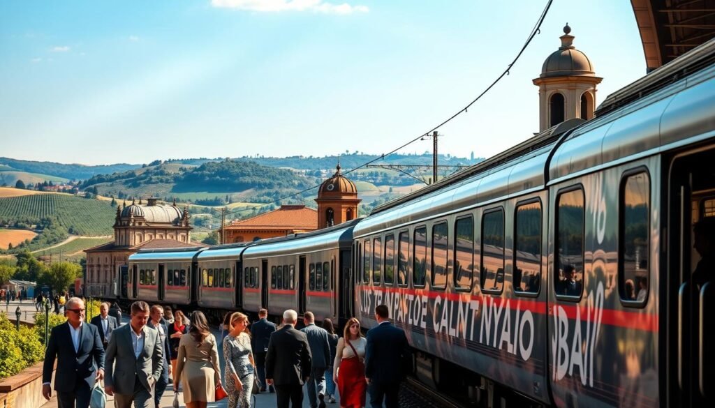 A train winding through the picturesque Italian countryside, its sleek silver body gleaming in the warm afternoon sunlight. In the foreground, well-dressed passengers disembark, capturing the essence of Italy's chic, cosmopolitan culture. The train station's historic architecture serves as a striking backdrop, with domed roofs and ornate facades hinting at the country's storied past. Gentle hills and lush vineyards stretch out in the distance, a testament to the natural beauty that has drawn travelers to Italy for centuries. The scene evokes a sense of adventure and exploration, perfectly capturing the spirit of an extended train journey through the heart of this captivating nation.
