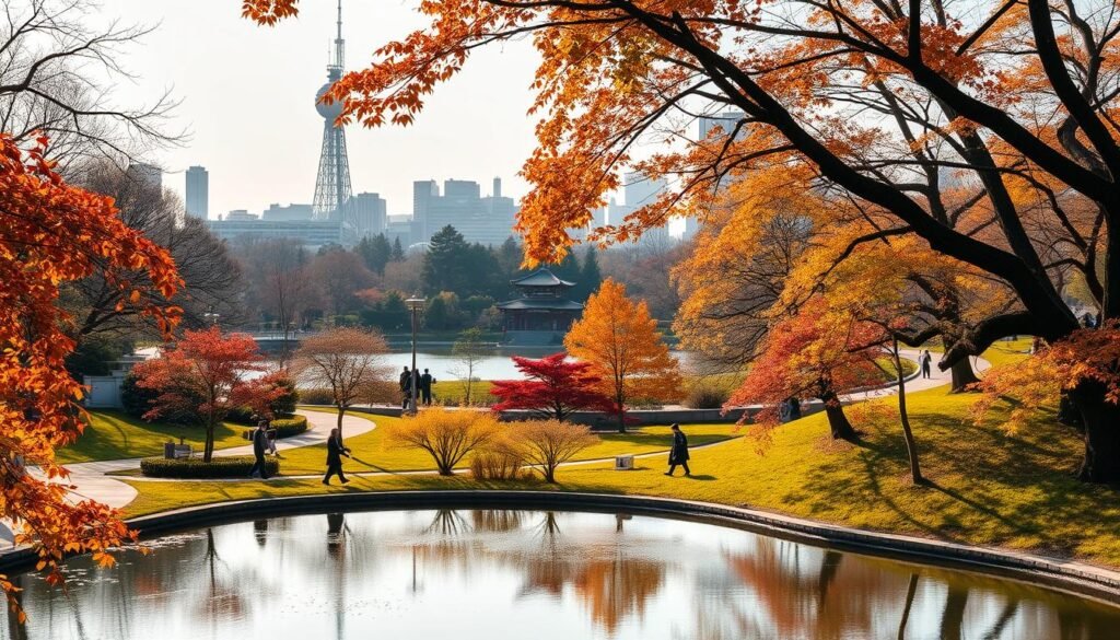 A tranquil autumn scene in Ueno Park, Tokyo. In the foreground, a pond reflects the vibrant foliage of maple trees. Visitors stroll along the winding pathways, some pausing to admire the serene Shinobazu Pond and historic Bentendo Temple in the middle ground. The background is dominated by the distinctive silhouettes of Tokyo Skytree and the Shitamachi skyline, bathed in soft, golden light. The atmosphere is one of peaceful contemplation, as visitors immerse themselves in the natural beauty and cultural heritage of this iconic urban oasis.