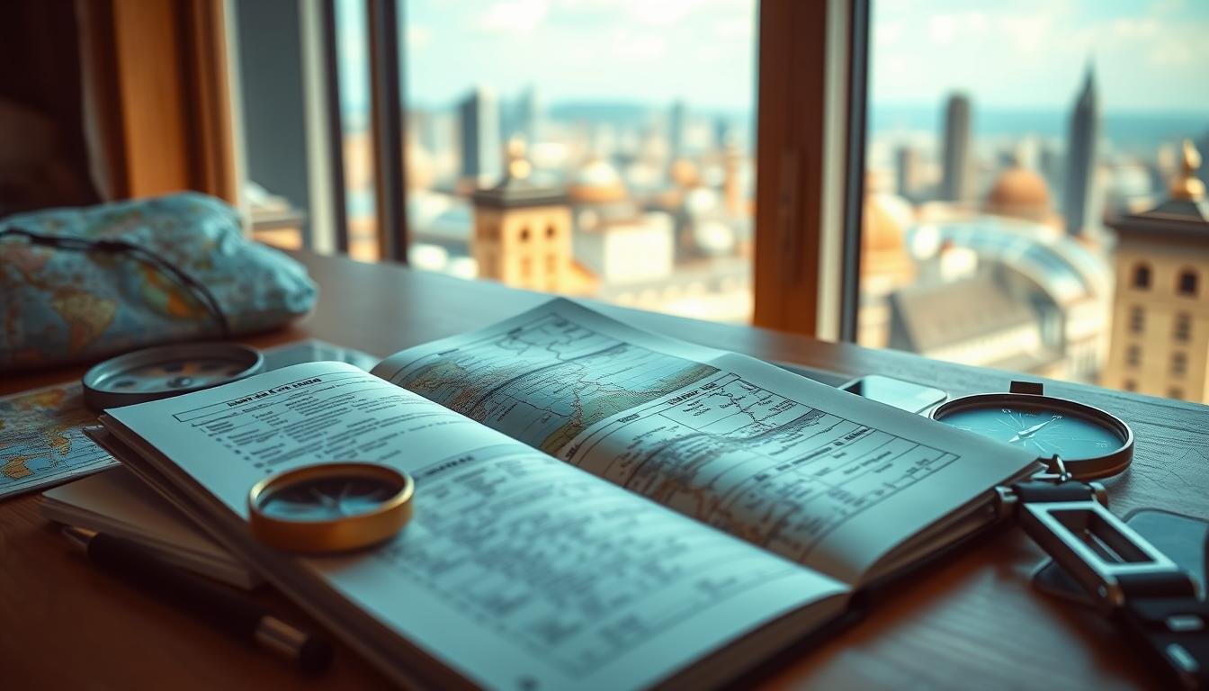 A travel planning desk with an open journal, a compass, a map, and a smartphone displaying travel information. The background features a blurred cityscape with iconic landmarks, evoking a sense of exploration and adventure. Warm, natural lighting casts a cozy glow, and the overall composition suggests a well-organized, thoughtful approach to trip preparation. The scene captures the essence of "Essential Traveling Tips to Plan the Perfect Getaway" - a harmonious blend of practical tools, digital resources, and the anticipation of an upcoming journey.