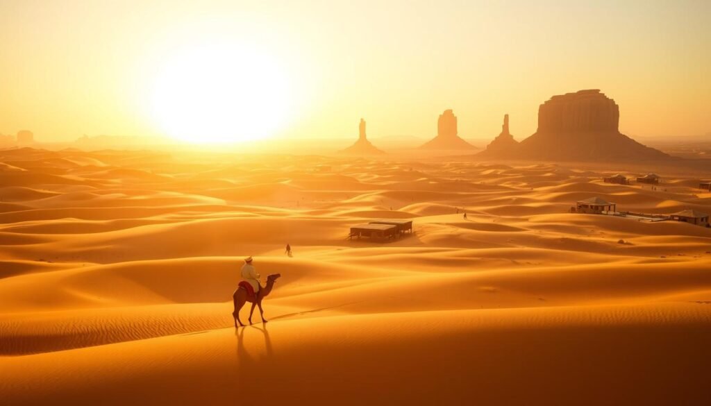A vast expanse of golden dunes stretches across the horizon, bathed in the warm glow of the setting sun. In the foreground, a solitary Bedouin camel rider navigates the undulating landscape, their traditional robes billowing in the gentle breeze. The middle ground reveals a cluster of sun-weathered desert shelters, their earthy tones blending seamlessly with the surrounding terrain. In the distance, the majestic silhouettes of towering rock formations rise, casting long shadows that dance across the shifting sands. The air is filled with the scent of spices and the faint sound of distant chatter, hinting at the vibrant cultural experiences that await within this timeless desert realm.