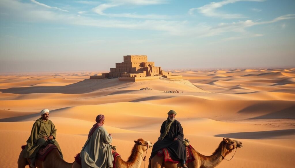 A vast expanse of golden dunes stretches before a traveler, with the warm rays of the sun casting long shadows across the undulating landscape. In the foreground, a group of Berber nomads in traditional flowing robes and turbans ride atop camels, their faces weathered by the elements. In the middle ground, a towering sand fortress rises from the desert, its intricate architecture a testament to the ingenuity of the region's inhabitants. Beyond, the horizon fades into a hazy blue sky, dotted with wispy clouds. The air is thick with the scent of spices and the murmur of ancient traditions, inviting the viewer to immerse themselves in the timeless allure of the Sahara Desert.