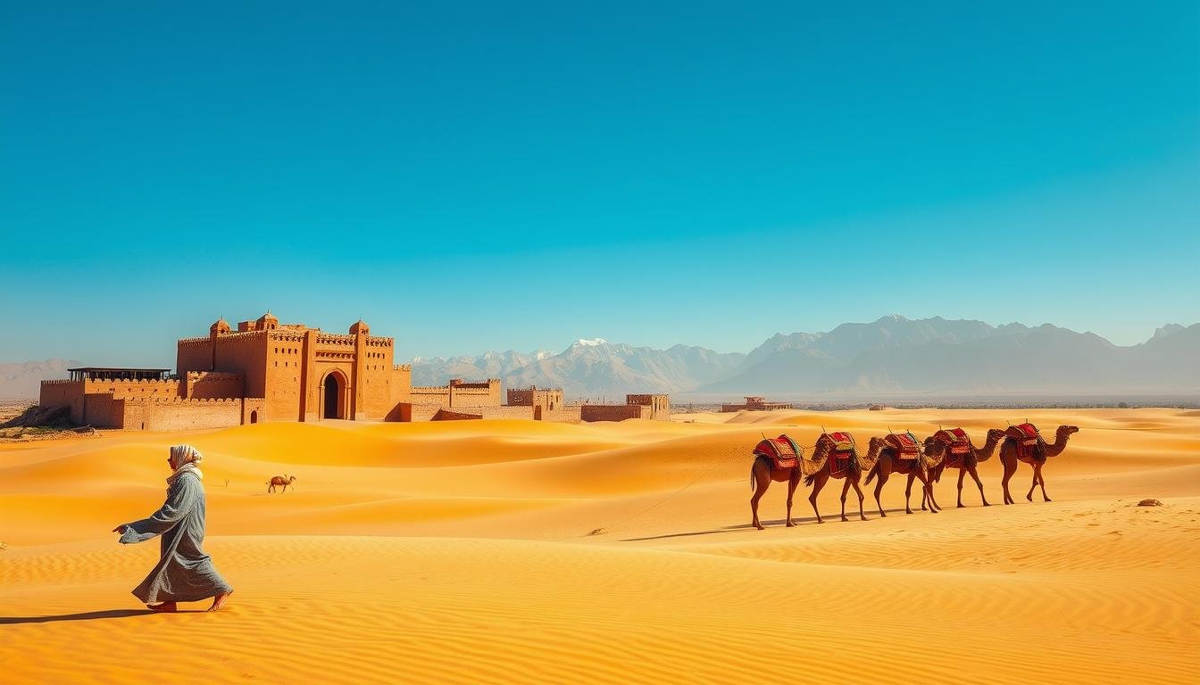 A vast expanse of golden dunes under a brilliant azure sky, the Sahara Desert of Morocco stretches out before us. In the foreground, a Berber nomad in traditional flowing robes and a colorful headscarf strides across the rippling sands, leading a caravan of patient camels laden with woven baskets and ornate textiles. In the middle ground, the iconic sandstone towers of an ancient ksar, or fortified village, rise up, their intricate carvings and clay-colored walls casting long shadows in the warm afternoon light. In the distance, the hazy silhouettes of rugged, wind-carved mountains provide a majestic backdrop, their peaks tinged with a dusting of snow. Evocative and atmospheric, this scene captures the timeless allure of the Moroccan Sahara, a land of boundless horizons and hidden cultural treasures.