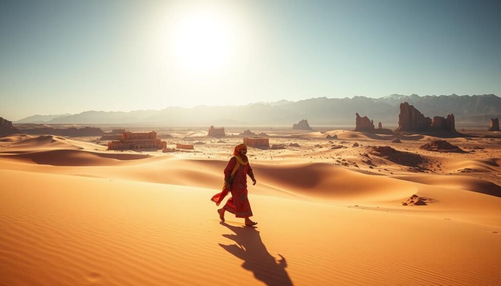 A vast expanse of golden sand dunes stretches out under a brilliant desert sun, casting long shadows across the rugged landscape. In the foreground, a lone Berber adventurer, clad in vibrant robes and a flowing headscarf, strides purposefully through the shimmering heat, their weathered face betraying a lifetime of desert exploration. In the middle distance, ancient mud-brick kasbahs and towering rock formations rise from the undulating terrain, hinting at the region's rich cultural heritage. The background is a dramatic skyline of jagged, snow-capped Atlas Mountains, their peaks piercing the azure heavens. The scene exudes a sense of timeless adventure, a perfect illustration of the essential experiences awaiting the daring traveler in Morocco.