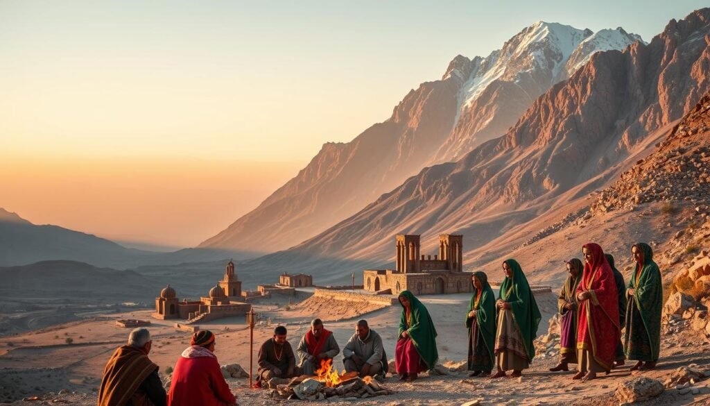 A vast, rugged mountainscape dominates the frame, its peaks capped with snow. In the foreground, a group of Berber men and women in traditional dress gather around a fire, their vibrant robes and intricate jewelry reflecting the warm, golden light. In the middle ground, ancient stone structures and monuments stand as testaments to the region's rich cultural heritage. The background fades into a hazy desert horizon, hinting at the diverse landscapes that shape Moroccan identity. The scene exudes a sense of timelessness, where the rhythms of daily life are intertwined with the enduring traditions of the Berber people.