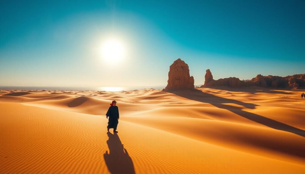 A vast, sun-drenched expanse of golden dunes stretches out under a cloudless azure sky. In the foreground, a solitary Berber nomad strides purposefully across the rippling sands, clad in traditional robes of deep indigo. Towering rocky outcrops rise in the middle ground, casting long shadows that dance across the undulating landscape. In the distance, a shimmering mirage hints at the oasis hidden among the dunes, beckoning the adventurer to explore the timeless mysteries of the Moroccan Sahara. Warm, diffused lighting bathes the scene, capturing the serene, timeless atmosphere of this remote desert wilderness.