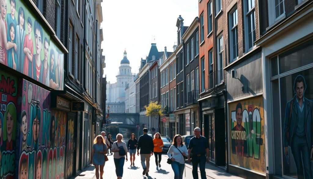 A vibrant Amsterdam street, bathed in warm sunlight, showcasing the city's renowned street art. In the foreground, intricate murals cover the walls, depicting vibrant characters, abstract patterns, and powerful messages. Pedestrians stroll by, their casual attire blending seamlessly with the colorful backdrop. In the middle ground, historic architecture frames the scene, its timeless charm contrasting with the contemporary artworks. The background features iconic Amsterdam landmarks, such as narrow canals and charming bridges, hinting at the rich cultural heritage of the city. The overall atmosphere is one of creative energy, where the old and new coexist in perfect harmony.