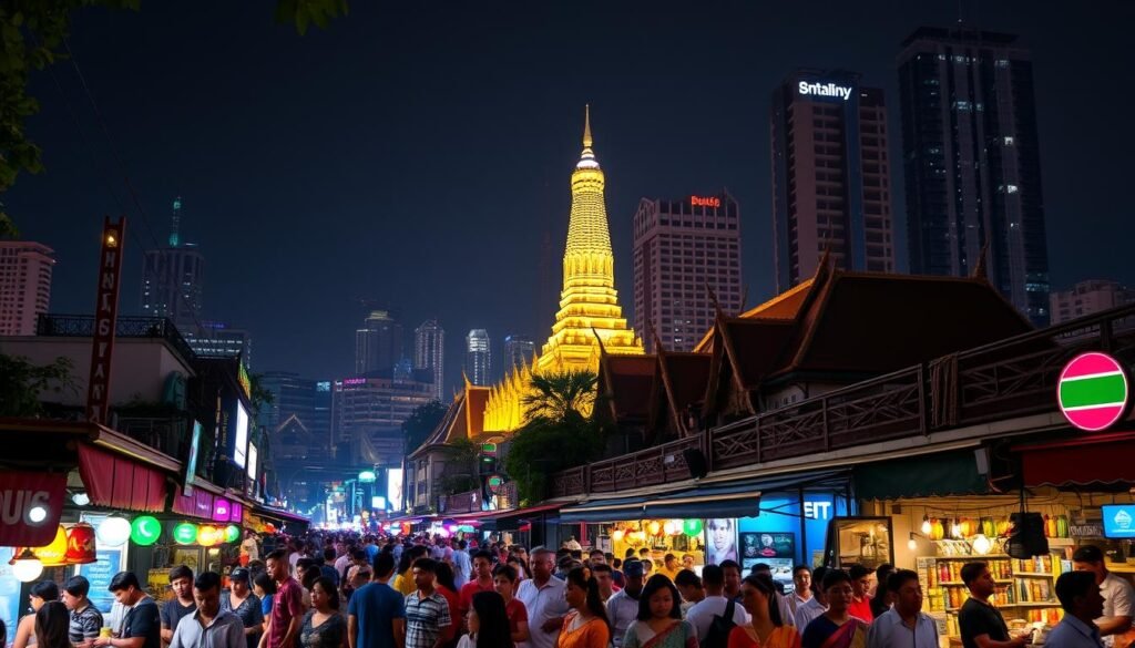 A vibrant Bangkok nightlife scene, bustling with energy and neon lights. In the foreground, a lively street filled with vendors, locals, and tourists alike, adorned in colorful traditional attire. In the middle ground, the iconic Wat Arun temple rises majestically, its intricate architecture illuminated by warm, golden lighting. The background is dominated by a skyline of high-rise buildings, their windows twinkling like stars against the inky night sky. The scene is infused with an electrifying atmosphere, capturing the essence of Bangkok's reputation as a nightlife paradise.