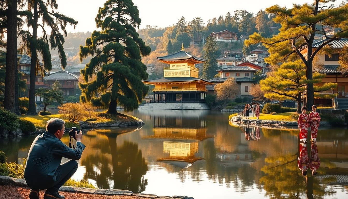 A vibrant Kyoto cityscape, bathed in warm, golden light. In the foreground, a photographer crouches, camera raised, capturing the serene Kinkakuji Temple reflected in the tranquil pond. Towering pines and lush gardens frame the iconic gilded pavilion, their verdant hues complementing the ancient architecture. In the middle ground, locals in traditional kimono stroll leisurely, their graceful movements and vibrant attire adding to the timeless atmosphere. The background is a tapestry of traditional wooden machiya houses, their tiled roofs and paper-screened windows hinting at Kyoto's enduring cultural heritage. Soft, diffused light bathes the entire scene, evoking a sense of timeless elegance and the photographer's reverence for the city's enduring traditions.
