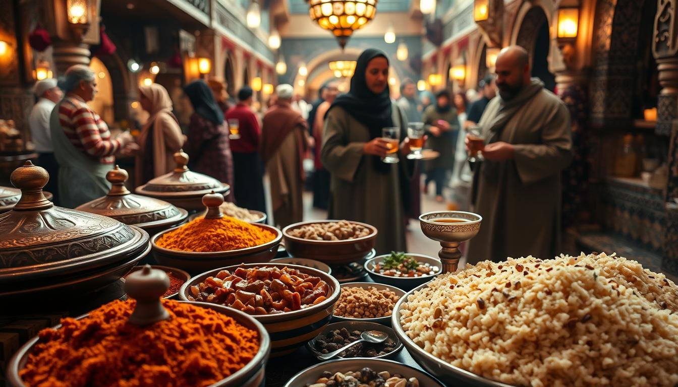 A vibrant Moroccan feast, set against the backdrop of a bustling medina. In the foreground, an array of fragrant spices and freshly prepared tagines, their rich hues echoing the warmth of the Saharan sun. In the middle ground, plates of steaming couscous, fluffy mounds dotted with dried fruits and nuts. Servers in traditional djellabas gracefully weave through the scene, delivering mint tea in ornate glasses. The overall atmosphere is one of convivial celebration, the air thick with the scents of cinnamon, cumin, and cardamom. Soft, diffused lighting casts a golden glow, highlighting the intricate tilework and carved wooden accents that adorn the walls. This is the essence of Moroccan cuisine, a symphony of flavors that transport the viewer to the heart of this captivating North African kingdom.