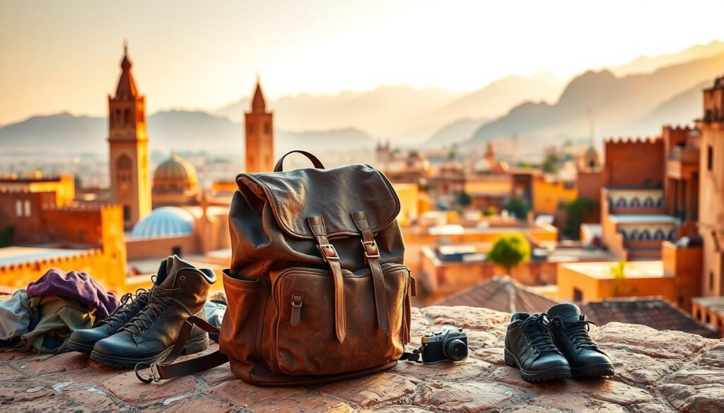 A vibrant Moroccan itinerary unfolds, capturing the essence of this captivating land. In the foreground, a weathered leather backpack sits, symbolizing the adventurous spirit of the traveler. Surrounding it, an array of activity-specific gear - hiking boots, a lightweight rain jacket, and a compact camera - hints at the diverse experiences to come. The middle ground reveals iconic Moroccan landmarks, such as the towering minarets of an ancient mosque and the sun-drenched walls of a centuries-old medina. The warm hues of ochre and terracotta create a rich, inviting atmosphere, complemented by the vibrant patterns of traditional Moroccan textiles. In the background, a panoramic vista unfolds, showcasing the rugged beauty of the Atlas Mountains, their peaks capped with snow. The lighting is soft and diffused, casting a golden glow over the scene and evoking a sense of tranquility and contemplation.