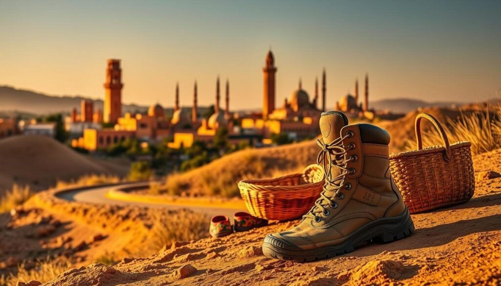 A vibrant Moroccan landscape with a focus on footwear for various terrains. In the foreground, a pair of sturdy hiking boots stands firmly on a winding desert path, ready to traverse the rugged terrain. In the middle ground, colorful traditional Moroccan slippers, known as "babouches," are arranged alongside a woven basket, hinting at the local culture and craftsmanship. The background features the iconic silhouettes of towering mosques and palaces, bathed in warm, golden light that casts long shadows across the scene. The overall atmosphere evokes a sense of adventure, exploration, and the unique blend of modernity and tradition that defines Morocco.
