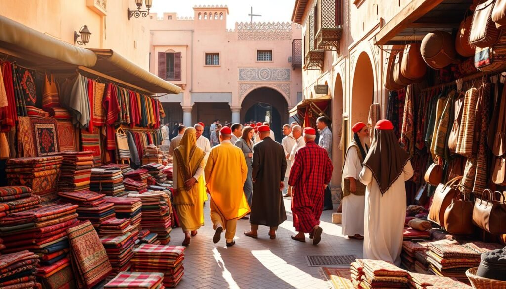 A vibrant Moroccan marketplace scene, illuminated by warm, golden sunlight. In the foreground, a colorful array of traditional textiles, intricate rugs, and handcrafted leather goods displayed by local artisans. In the middle ground, people in traditional Moroccan attire – flowing djellabas, vibrant caftans, and distinctive fez hats – haggling and interacting with shopkeepers. In the background, the iconic architecture of Moroccan buildings, with their ornate tilework, arched doorways, and ornate metalwork. The overall atmosphere exudes a sense of cultural richness, ancient traditions, and a lively, bustling energy.