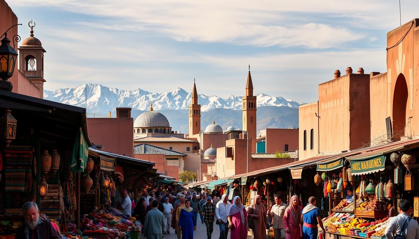 A vibrant Moroccan street scene in Marrakech, showcasing the city's iconic architecture and bustling local life. In the foreground, colorfully dressed merchants sell an array of handcrafted goods and spices, their stalls overflowing with vivid fabrics and ornate lanterns. In the middle ground, the towering minarets of historic mosques rise above the rooftops, their intricate tilework gleaming in the warm afternoon light. In the background, the snow-capped Atlas Mountains provide a majestic backdrop, creating a sense of timeless splendor. The overall atmosphere is one of cultural richness, sensory delight, and the allure of adventure that draws travelers to this captivating Moroccan city.