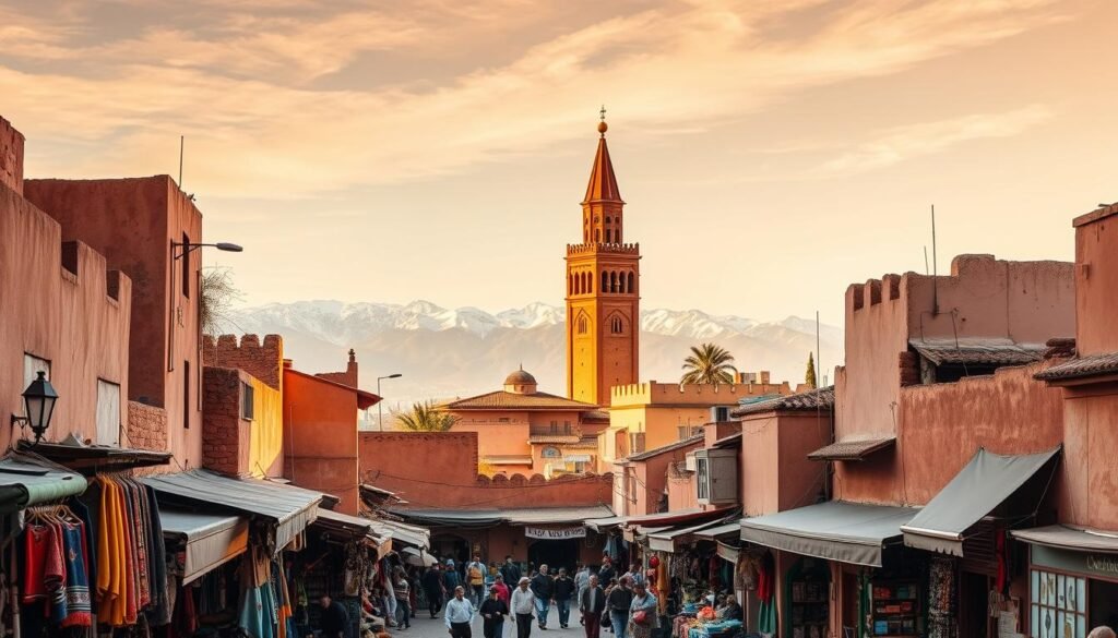 A vibrant aerial view of Marrakech's historical old town, the Medina, with its labyrinth of narrow alleys, bustling markets, and iconic red-clay buildings. In the foreground, a lively souk scene with local vendors selling colorful textiles, handcrafted leather goods, and fragrant spices. In the middle ground, the towering minaret of the Koutoubia Mosque, the city's most famous landmark, stands tall against a backdrop of the snow-capped Atlas Mountains. Warm, golden sunlight filters through the scene, casting a dreamlike glow and evoking the warm, inviting atmosphere of this Moroccan oasis. The overall composition captures the essence of Marrakech's vibrant culture, history, and natural beauty, perfect for illustrating a local's guide to exploring this captivating destination.