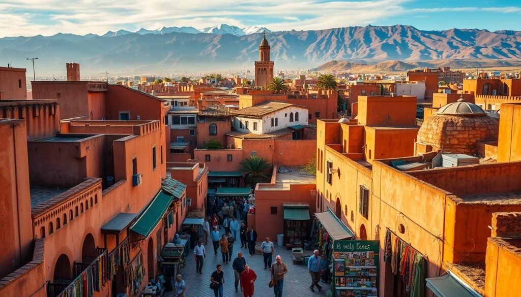 A vibrant aerial view of the ancient Medina neighborhoods in Marrakech, Morocco. The winding alleyways and narrow streets are lined with traditional adobe buildings in warm ochre and terracotta hues. In the foreground, locals go about their daily lives, weaving through the bustling marketplace filled with colorful textiles, spices, and handicrafts. In the middle ground, the iconic minaret of a historic mosque stands tall, its intricate tilework glimmering in the golden afternoon light. The distant backdrop reveals the rugged Atlas Mountains, their snow-capped peaks casting dramatic shadows across the cityscape. An atmosphere of timeless wonder and cultural richness pervades the scene, capturing the essence of navigating the ancient Medina like a true local.