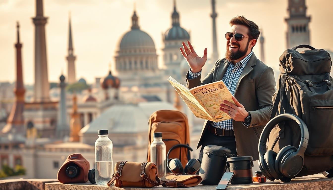 A vibrant and dynamic scene depicting helpful "travel tips" for an article on "Insider Travel Hacks to Make Your Journeys Easier". In the foreground, a stylishly dressed traveler stands with a map and guidebook, gesturing excitedly. In the middle ground, a variety of practical travel items are displayed, such as a sturdy backpack, a water bottle, and a set of noise-cancelling headphones. The background features iconic landmarks and monuments, hinting at the diverse destinations one might explore. The lighting is warm and inviting, creating a sense of adventure and possibility. The overall mood is one of enthusiasm, preparedness, and the joy of discovering new places.