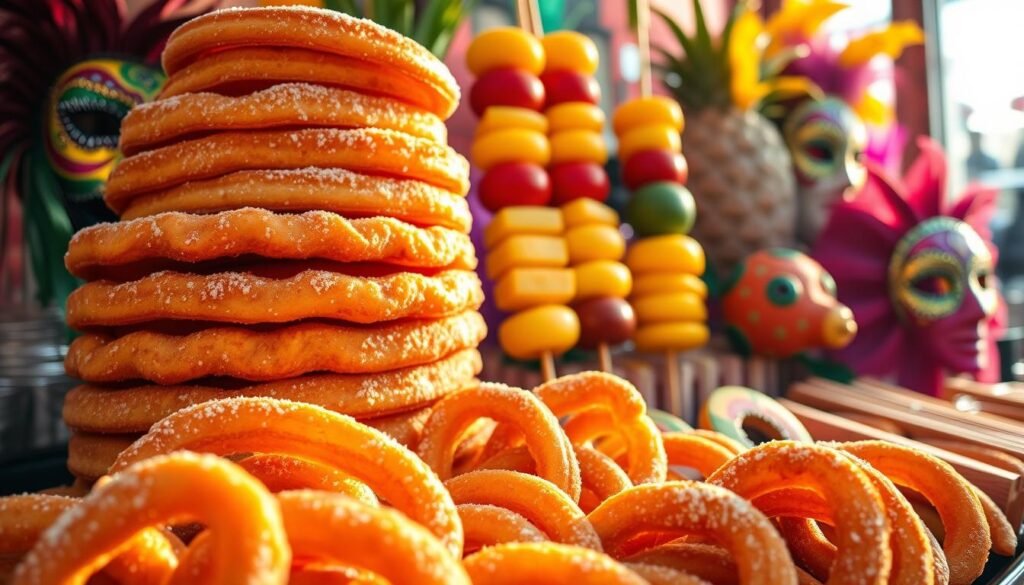 A vibrant assortment of carnival-inspired delicacies fills the frame, capturing the festive spirit of the season. In the foreground, a variety of colorful, freshly fried churros dusted with cinnamon sugar beckon, their golden-brown hues and crisp exteriors glistening under warm, inviting lighting. Beside them, a towering stack of savory funnel cakes, their fluffy interiors drizzled with powdered sugar, create a delightful contrast. In the middle ground, a vibrant array of tropical fruits, including pineapple, mango, and papaya, are skewered and ready to be enjoyed, their vibrant colors echoing the lively carnival atmosphere. In the background, the iconic silhouettes of carnival masks and costumes add a touch of mystery and excitement, hinting at the larger festivities to come.