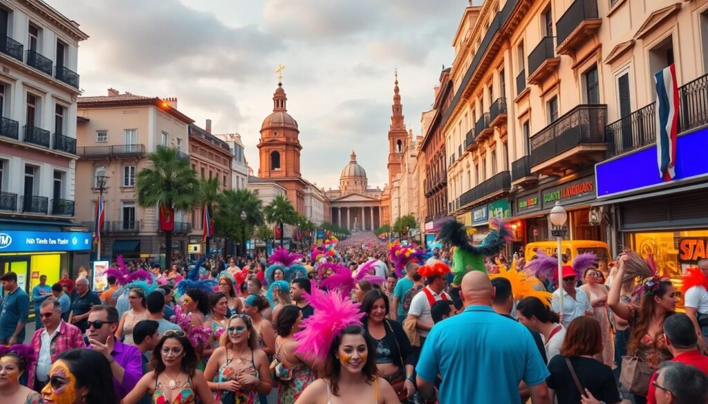 A vibrant, bustling city street brimming with the pulse of global party hub culture. In the foreground, throngs of people adorned in colorful, intricate costumes and masks dance to the infectious rhythms of live music. Towering monuments and historic buildings stand as a backdrop, their facades illuminated by a warm, golden light. The atmosphere is electric, with people mingling, laughing, and immersing themselves in the unique local traditions and customs that define this cultural melting pot. A wide-angle lens captures the energy and diversity, showcasing the rich tapestry of traditions, styles, and perspectives that come together to create a truly immersive and unforgettable cultural experience.