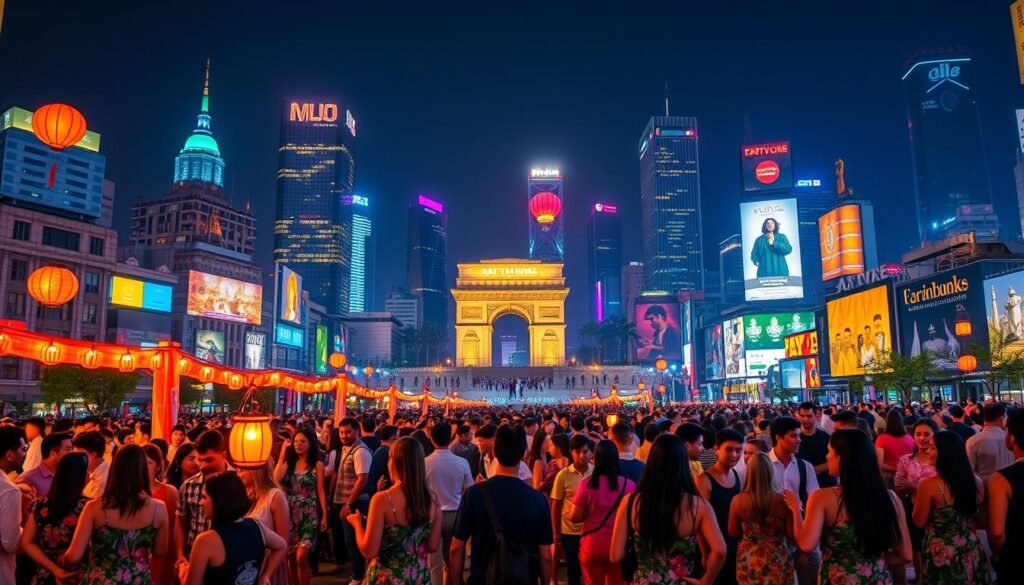 A vibrant city skyline at night, showcasing the diversity of nightlife. In the foreground, groups of people dressed in colorful, sustainable clothing dance and mingle beneath the warm glow of lanterns and string lights. In the middle ground, a historic monument or landmark is illuminated, highlighting the city's cultural heritage. In the background, a kaleidoscope of neon signs and billboards reflects off the glass facades of modern high-rises, creating a dynamic and visually stunning contrast. The scene is captured with a wide-angle lens, allowing the viewer to take in the full scope of the lively, inclusive atmosphere. The overall mood is one of celebration, community, and a responsible approach to tourism.