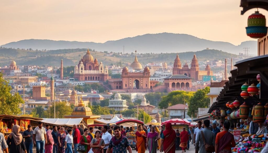 A vibrant city skyline, bustling with diverse cultural vibrancy. In the foreground, locals in traditional garments stroll through a lively market, browsing an array of colorful wares and artisanal crafts. The middle ground showcases iconic monuments and historic landmarks, bathed in warm, golden sunlight. In the background, rolling hills and lush greenery provide a scenic backdrop, creating a sense of peaceful harmony. The scene evokes a captivating blend of ancient traditions and modern energy, inviting the viewer to immerse themselves in a truly unique cultural experience.