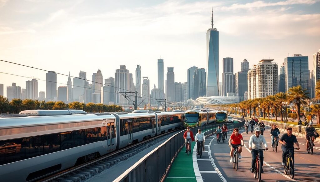 A vibrant city skyline stretches across the horizon, its towering skyscrapers and bustling streets a testament to the diverse transportation options available. In the foreground, a sleek, high-speed train glides effortlessly along the tracks, its streamlined design and gleaming metallic finish reflecting the surrounding architecture. Alongside it, a fleet of modern, eco-friendly buses navigates the city's thoroughfares, their bright, eye-catching colors complementing the urban landscape. In the middle ground, a group of people explore the city on foot, their casual attire and relaxed postures conveying a sense of exploration and discovery. In the background, a network of well-maintained bike lanes wind through the city, with cyclists of all ages and backgrounds enjoying the freedom and convenience of this sustainable mode of transportation. The overall scene is bathed in a warm, golden light, evoking a sense of comfort, efficiency, and the harmony of diverse transportation options coexisting in a vibrant,