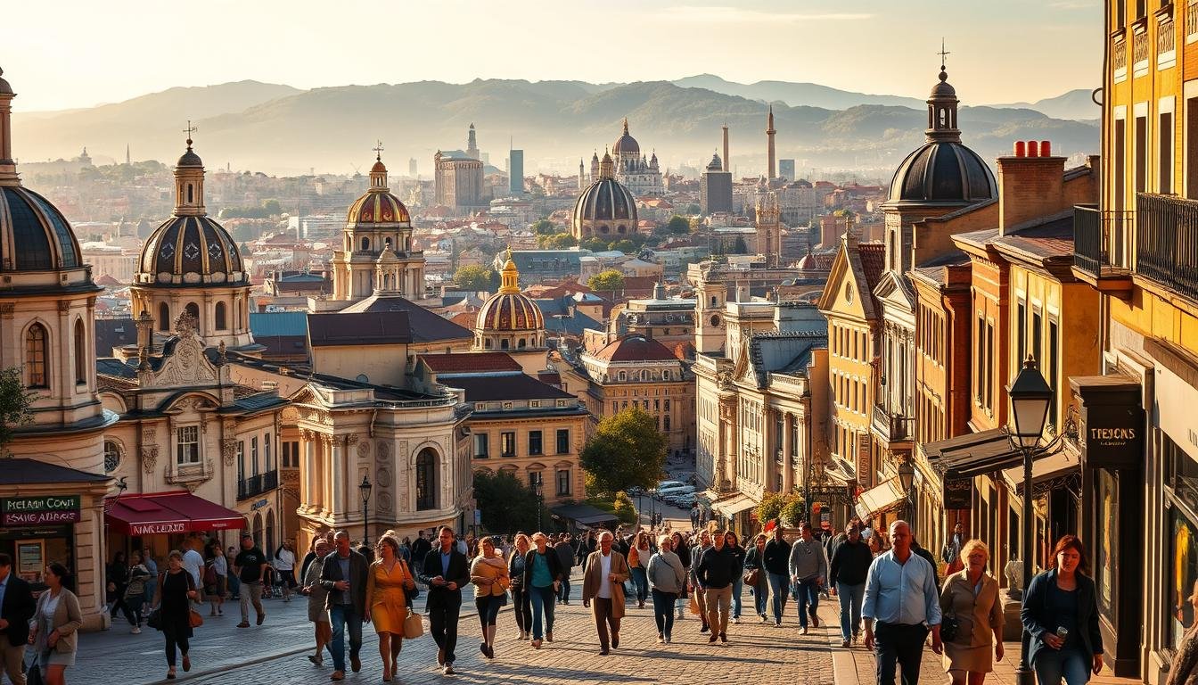 A vibrant cityscape bathed in golden hour light, filled with bustling city life. In the foreground, stylishly dressed people stroll along a picturesque cobblestone street, past ornate historic landmarks and colorful storefronts. The middle ground showcases iconic architecture, with domes, spires, and intricate facades reflecting the diverse cultural heritage of the city. In the background, towering skyscrapers and lush green hills create a breathtaking panoramic vista, inviting the viewer to explore this visually stunning urban oasis. The overall mood is one of energy, sophistication, and the perfect blend of old and new, capturing the essence of the world's most Instagrammable cities.