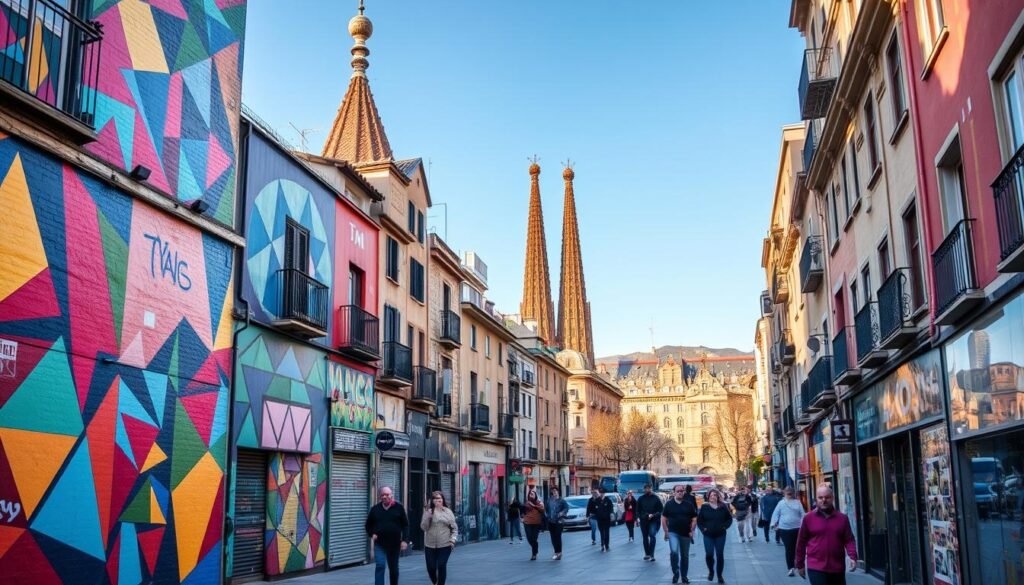 A vibrant cityscape in the heart of Barcelona's El Raval neighborhood, where the walls come alive with a kaleidoscope of colorful murals and striking street art. In the foreground, bold geometric patterns and abstract designs adorn the facades, creating a captivating visual tapestry. In the middle ground, pedestrians in casual attire stroll by, immersed in the urban atmosphere. In the background, the iconic landmarks of Barcelona, such as the Palau Güell and the Rambla, provide a picturesque backdrop, bathed in warm, golden hues. The overall scene exudes a dynamic, lively energy, reflecting the creative spirit and cultural richness of this vibrant district.