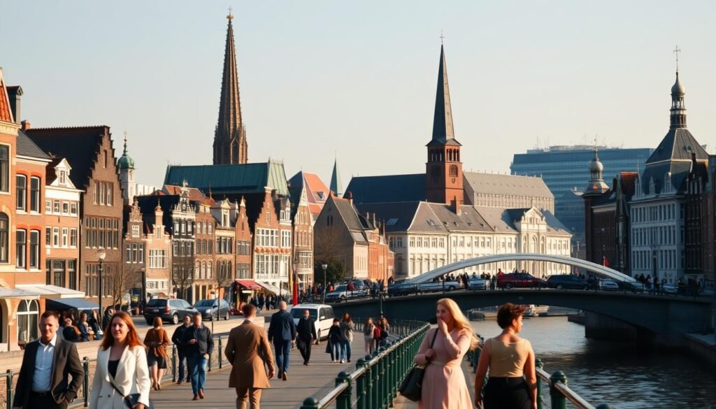 A vibrant cityscape of Amsterdam's iconic landmarks, captured in a charming walking tour. In the foreground, well-dressed pedestrians stroll along the picturesque canals, admiring the historic gabled houses and arched bridges. The middle ground features the towering spires of the Oude Kerk and the distinctive silhouette of the Westerkerk, bathed in warm afternoon light. In the background, the Amsterdam Centraal Station and the distinctive Dutch architecture create a cohesive and visually stunning panorama. The scene is imbued with a sense of energy and discovery, inviting the viewer to immerse themselves in the rich cultural heritage of this captivating city.