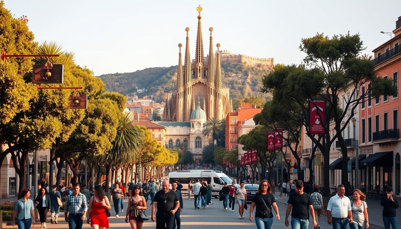A vibrant cityscape of Barcelona's iconic landmarks, captured in a warm, golden light. In the foreground, locals stroll along the tree-lined pedestrian boulevards, dressed in casual yet stylish attire. The middle ground features the majestic Sagrada Familia, its intricate Gothic spires reaching skyward, surrounded by charming plazas and historic buildings. In the distance, the iconic Montjuïc hill rises, its slopes dotted with lush greenery and the iconic Montjuïc Castle. The scene exudes a lively, yet relaxed atmosphere, inviting viewers to explore the free and fascinating attractions of this vibrant Mediterranean city.