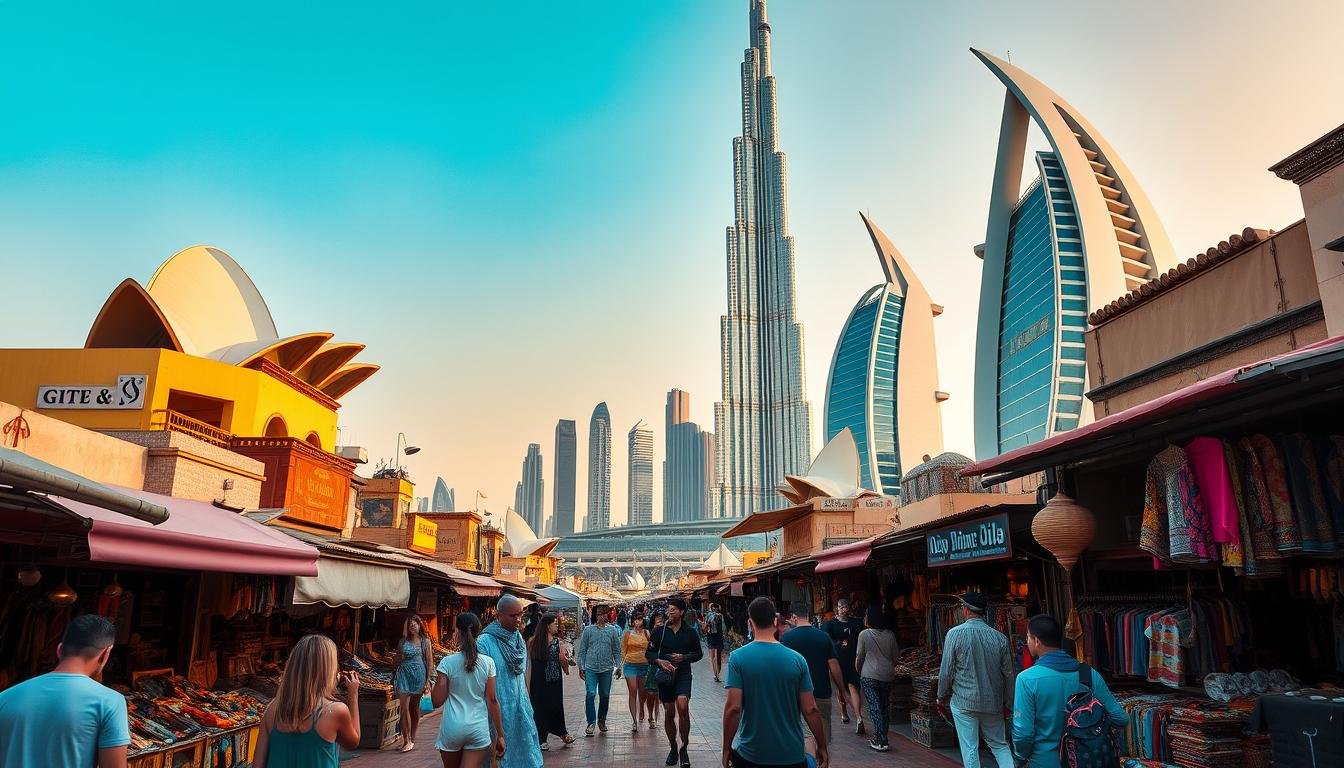 A vibrant cityscape of Dubai's iconic landmarks, bathed in warm golden light. In the foreground, families explore the bustling souks, browsing colorful textiles and local handicrafts. The towering Burj Khalifa dominates the midground, its spire piercing the azure sky. At the edges, the striking architecture of the Dubai Opera House and the sail-shaped Burj Al Arab hotel create a dynamic backdrop. The scene is infused with a sense of energy and wonder, capturing the essence of Dubai as a top family destination.