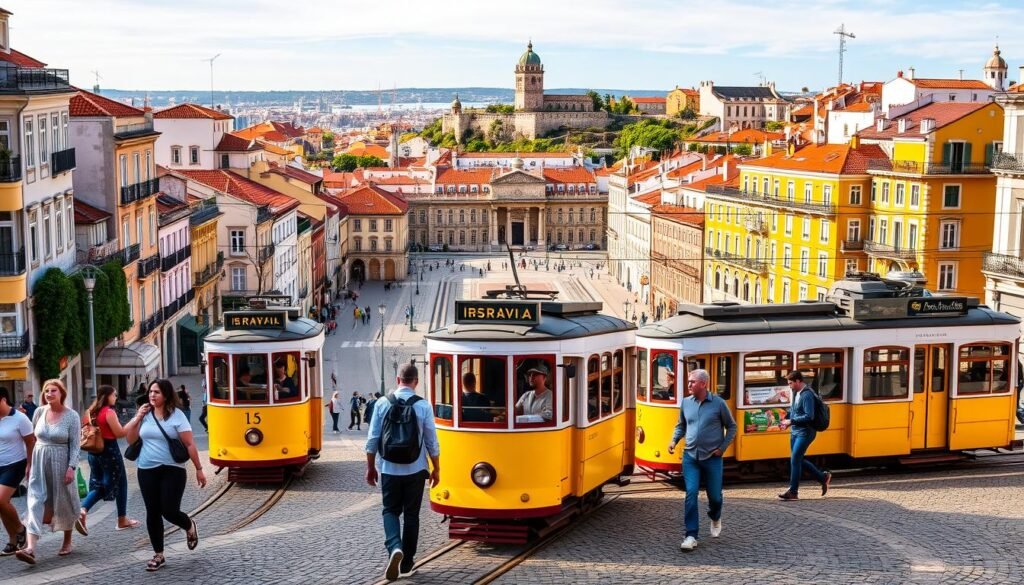 A vibrant cityscape of Lisbon, Portugal, with its iconic yellow trams winding through the hilly streets lined with colorful buildings and tiled facades. In the foreground, a group of locals in casual, comfortable attire stroll along the charming cobblestone promenade, taking in the sights and sounds of this affordable, yet captivating city. In the middle ground, the grand Praça do Comércio square opens up, showcasing the striking yellow and ochre buildings, and the Tagus River glistening in the warm, golden light. In the background, the majestic Castelo de São Jorge stands tall, overlooking the city's panoramic views. The overall scene conveys a sense of relaxed, budget-friendly exploration, where the vibrant culture and historic architecture come together to create a truly enchanting and accessible European destination.