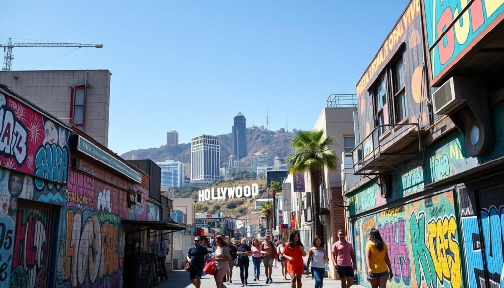 A vibrant cityscape of Los Angeles, capturing the essence of its urban art scene. The foreground features a lively street with graffiti-adorned walls, eclectic murals, and local artists at work. Intricate patterns and bold, expressive strokes create a dynamic visual tapestry. In the middle ground, iconic landmarks like the Hollywood Sign and towering skyscrapers rise against a clear, sun-drenched sky. The background is filled with the bustling energy of the city, with people in colorful, fashion-forward attire strolling the sidewalks and interacting with the vibrant artwork. The overall atmosphere is one of creativity, diversity, and the pulsing rhythm of a city that celebrates self-expression and the art of living.