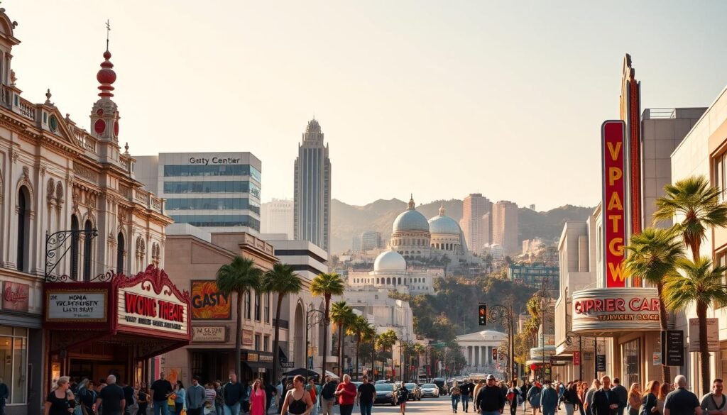A vibrant cityscape of Los Angeles' iconic cultural meccas, bathed in warm, golden-hour light. In the foreground, people stroll along the bustling sidewalks, their colorful, fashionable attire adding to the energy of the scene. The towering, ornate facades of historic theaters and museums stand tall, beckoning visitors to explore the city's rich artistic heritage. In the middle ground, the gleaming, Art Deco-inspired architecture of landmark buildings like the Griffith Observatory and the Getty Center rise up, their sleek lines and intricate details capturing the city's celebrated blend of glamour and sophistication. In the distance, the rolling Hollywood Hills provide a serene, natural backdrop, their lush greenery contrasting with the urban landscape. An atmosphere of cultural vibrancy, creativity, and simmering excitement pervades the scene, inviting the viewer to step into the heart of Los Angeles' thriving artistic community.