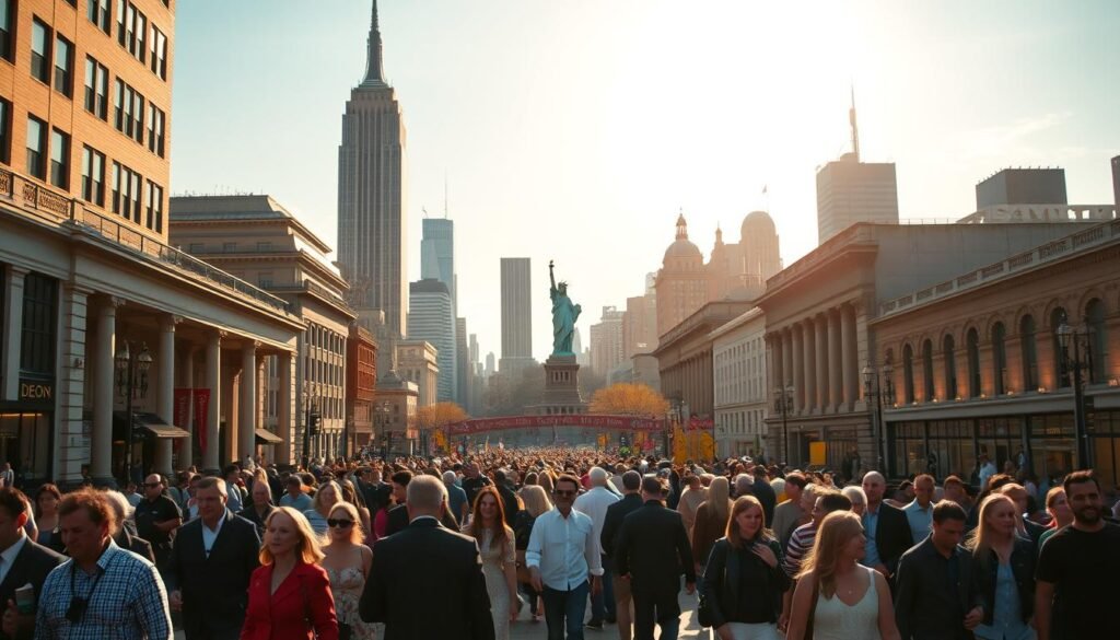 A vibrant cityscape of New York City's cultural hotspots, bathed in warm, golden sunlight and captured through a wide-angle lens. In the foreground, crowds of stylishly dressed people stroll along the bustling sidewalks, immersed in the lively atmosphere. The iconic landmarks of the city rise majestically in the middle ground, including the towering Empire State Building, the grand Statue of Liberty, and the stately Metropolitan Museum of Art. In the background, the skyline is adorned with the distinctive skyscrapers and bridges that define the city's iconic silhouette. The overall mood conveys the energy, diversity, and endless possibilities that make New York City a cultural mecca for first-time travelers.