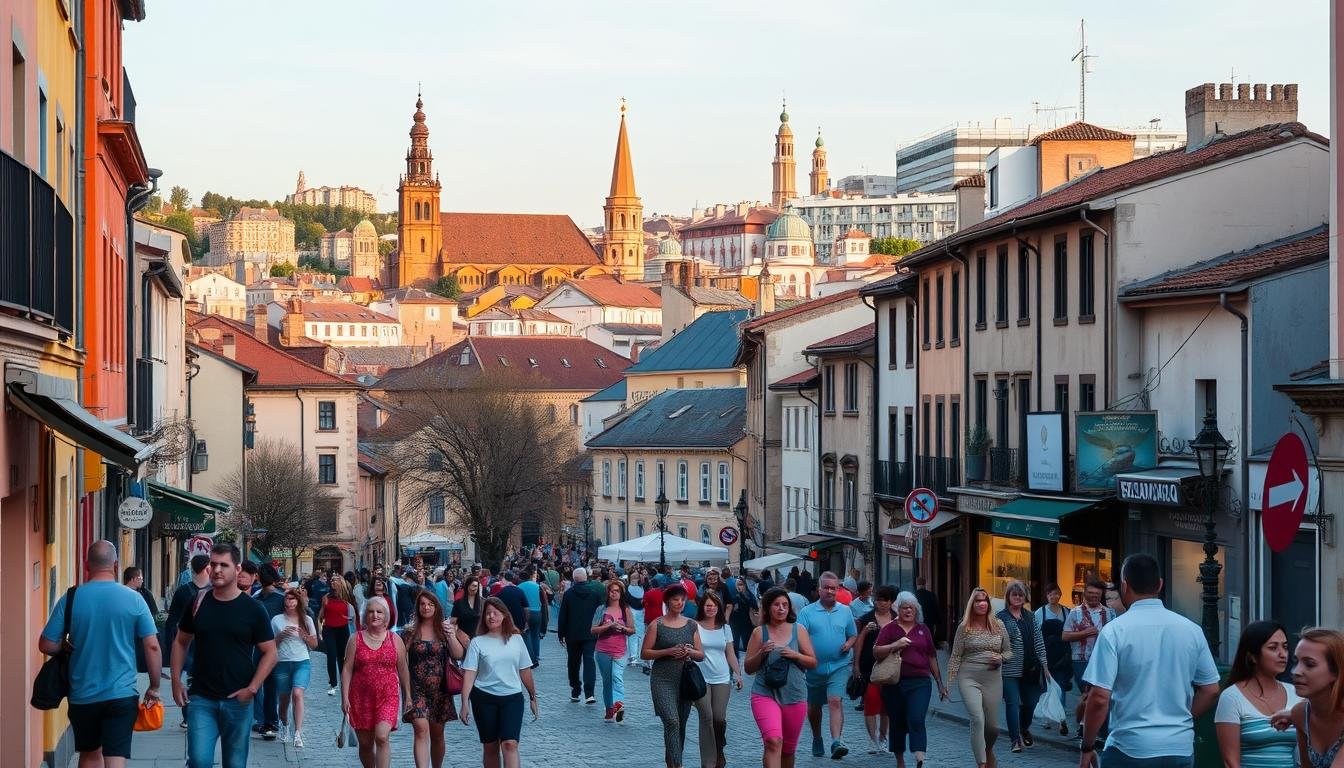 A vibrant cityscape of affordable European urban centers, bustling with life and character. In the foreground, people in casual, colorful attire navigate narrow streets lined with quaint buildings and charming local shops. The middle ground features iconic landmarks, like historic churches and monuments, bathed in warm, golden-hour lighting. In the background, a mix of modern and traditional architecture blends seamlessly, creating a unique and visually appealing skyline. The overall atmosphere is one of liveliness, community, and a harmonious balance between the old and the new, reflecting the budget-friendly, yet captivating nature of these European destinations.